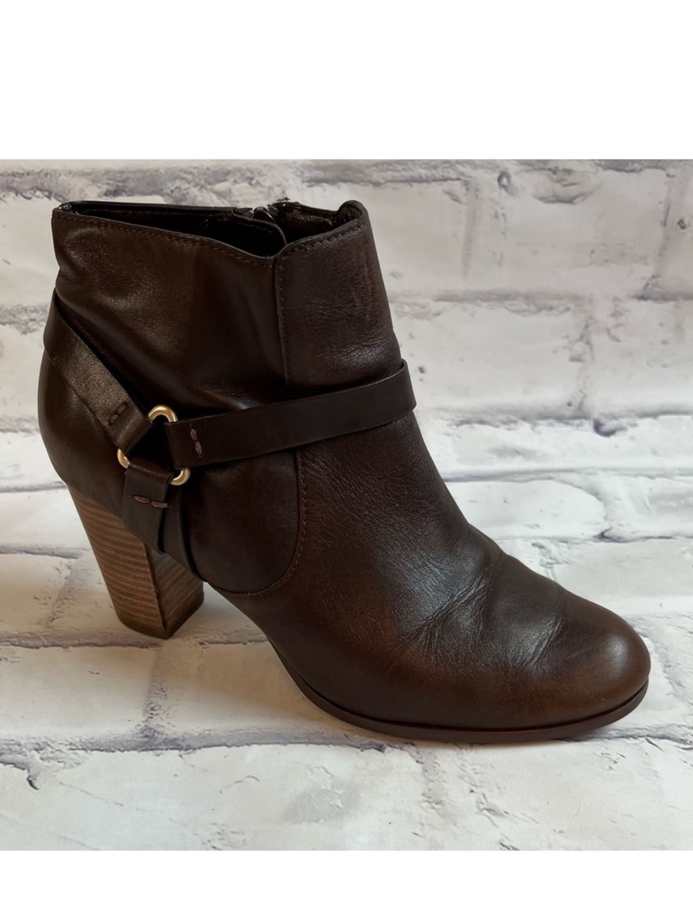 Cole Haan Calixta brown leather stacked heeled harness ankle boots size 7.5